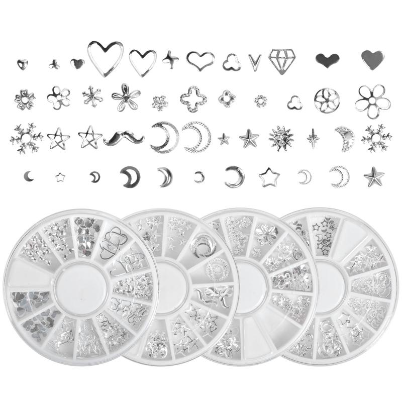 4 Boxes Metal Silver Nail Charms Nail Studs 3D Nail Art Jewelry Decoration