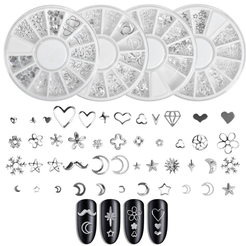 4 Boxes Metal Silver Nail Charms Nail Studs 3D Nail Art Jewelry Decoration