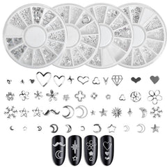 4 Boxes Metal Silver Nail Charms Nail Studs 3D Nail Art Jewelry Decoration