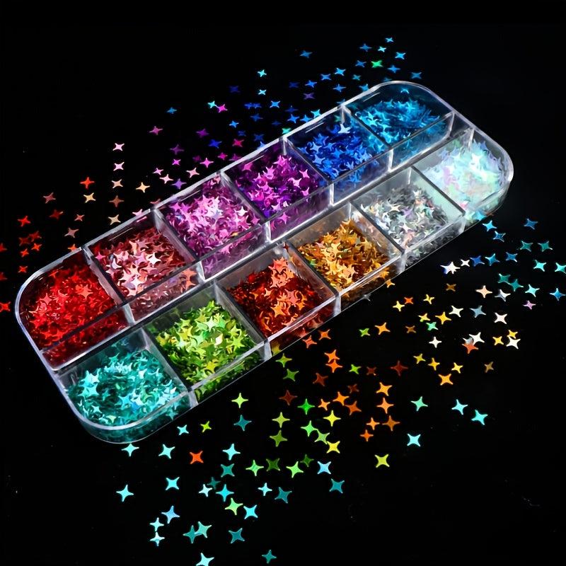 12 Grids Holographic Star Nail Sequins Colorful Laser Glitter Flakes