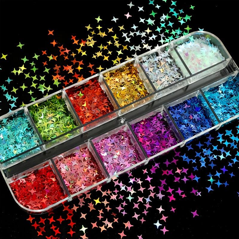 12 Grids Holographic Star Nail Sequins Colorful Laser Glitter Flakes