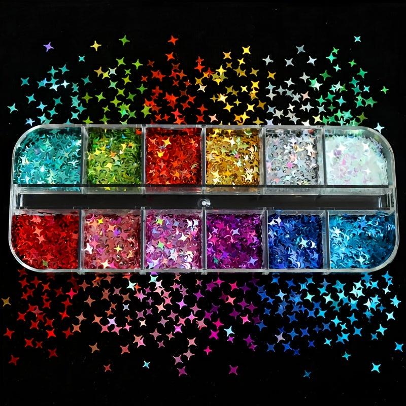 12 Grids Holographic Star Nail Sequins Colorful Laser Glitter Flakes