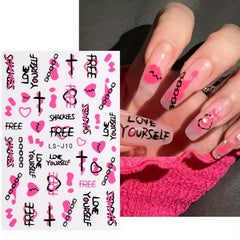 Y2K Nail Art Stickers Pink Heart Cat Bear Graffiti DIY
