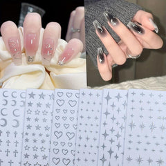 French Manicure Stickers Silver Glitter Star Love Heart Nail Decals