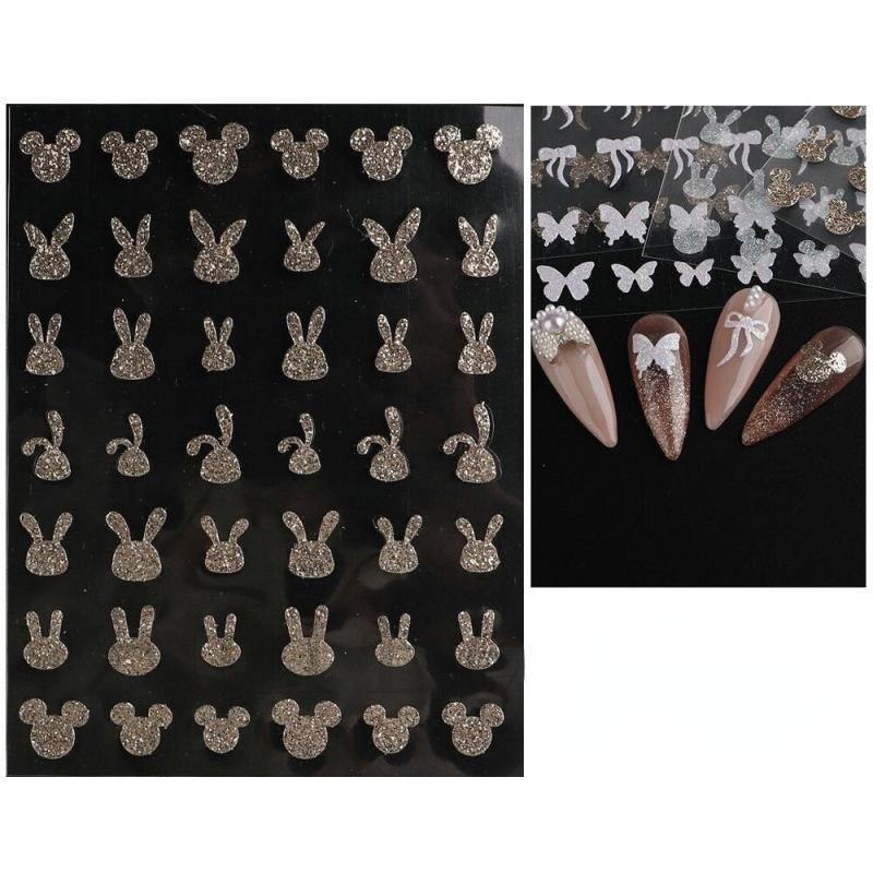 Glitter Rabbit Bowtie Butterfly Nail Art Stickers Self Adhesive Decals