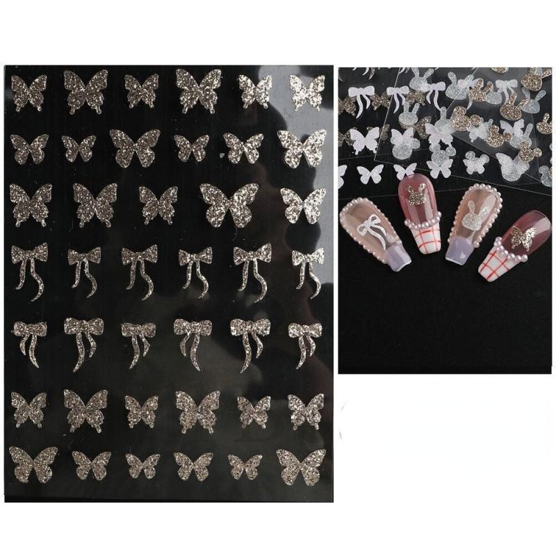 Glitter Rabbit Bowtie Butterfly Nail Art Stickers Self Adhesive Decals
