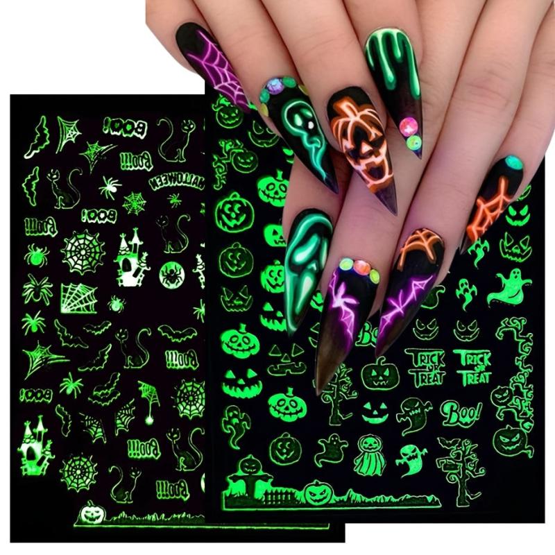 9pcs Glow In Dark Halloween Nail Decals Pumpkin Bat Ghost Designs DIY Nail Art