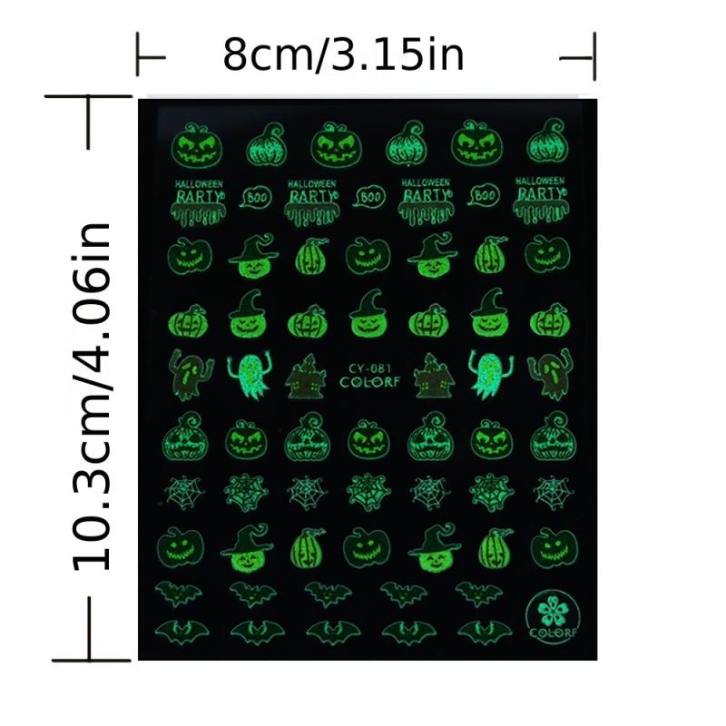 9pcs Glow In Dark Halloween Nail Decals Pumpkin Bat Ghost Designs DIY Nail Art