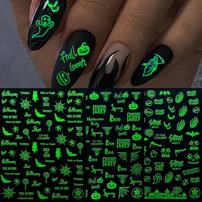 9pcs Glow In Dark Halloween Nail Decals Pumpkin Bat Ghost Designs DIY Nail Art