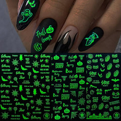 9pcs Glow In Dark Halloween Nail Decals Pumpkin Bat Ghost Designs DIY Nail Art