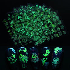 9pcs Glow In Dark Halloween Nail Decals Pumpkin Bat Ghost Designs DIY Nail Art