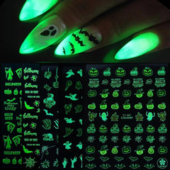 9pcs Glow In Dark Halloween Nail Decals Pumpkin Bat Ghost Designs DIY Nail Art