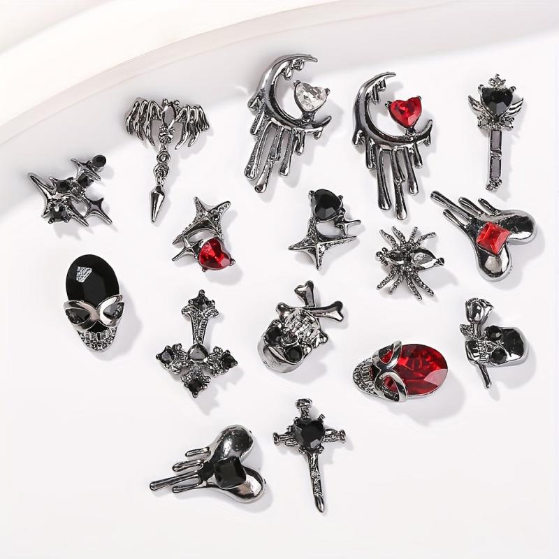 16pcs Halloween Spider Nail Charms Rhinestone 3D Alloy Skull Moon Cross Nail Gem