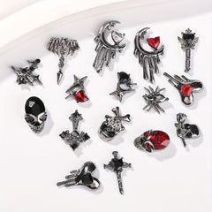 16pcs Halloween Spider Nail Charms Rhinestone 3D Alloy Skull Moon Cross Nail Gem