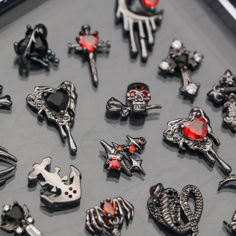 16pcs Halloween Spider Nail Charms Rhinestone 3D Alloy Skull Moon Cross Nail Gem