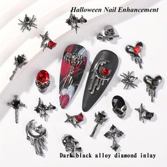16pcs Halloween Spider Nail Charms Rhinestone 3D Alloy Skull Moon Cross Nail Gem