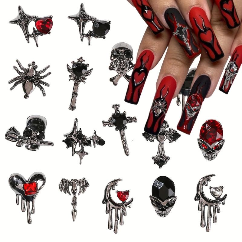 16pcs Halloween Spider Nail Charms Rhinestone 3D Alloy Skull Moon Cross Nail Gem