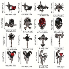 16pcs Halloween Spider Nail Charms Rhinestone 3D Alloy Skull Moon Cross Nail Gem