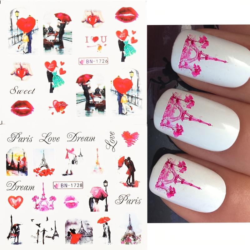 Red Heart & Lips Nail Stickers for Couples DIY Manicure Decorations