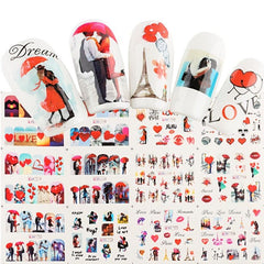 Red Heart & Lips Nail Stickers for Couples DIY Manicure Decorations