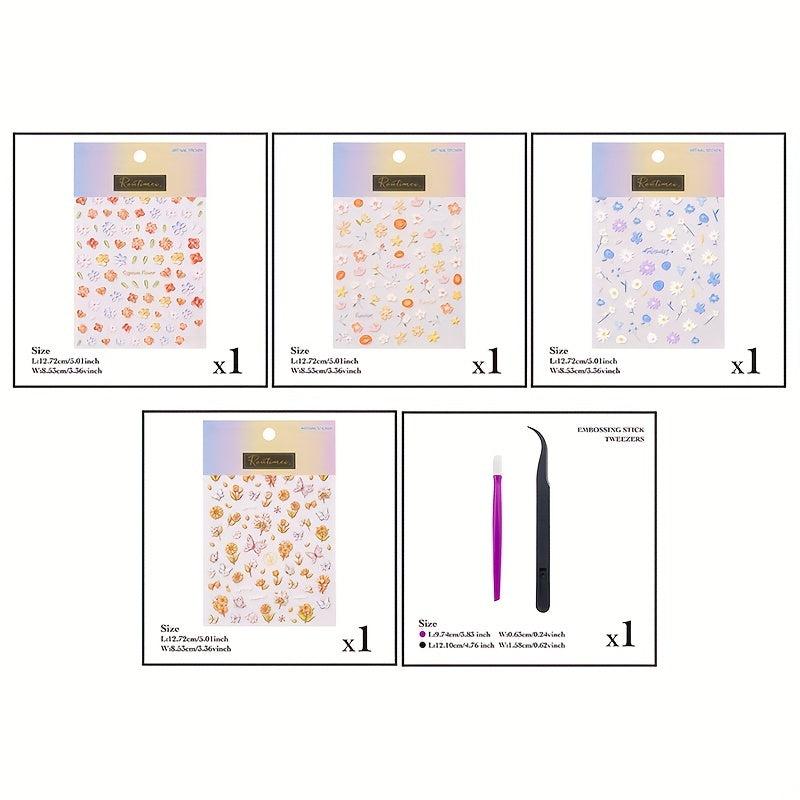 4pcs 5D Butterfly Flower Nail Art Stickers DIY Nail Decals Self-Adhesive