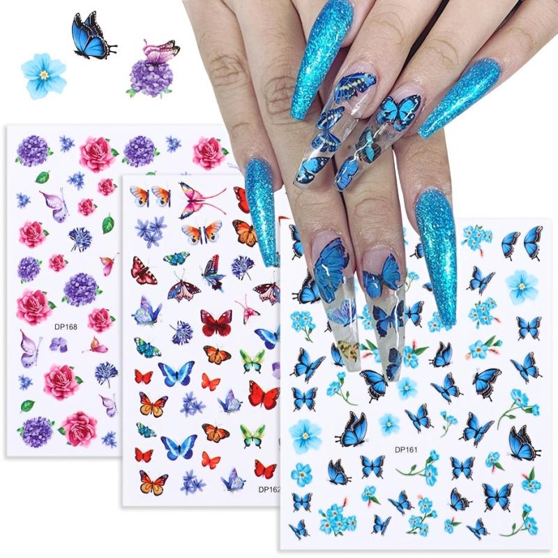 Holographic Butterfly 3D Nail Stickers Flowers Leaves DIY Manicure Decorations