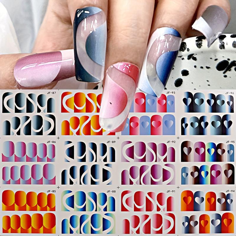 French Tip Nail Art Stickers Water Transfer Decals with Heart and Line Designs