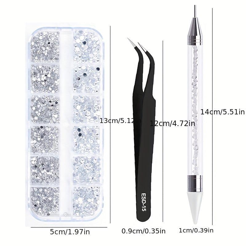 3pcs Crystal AB Flatback Rhinestones Set with Tweezers and Drill Pen