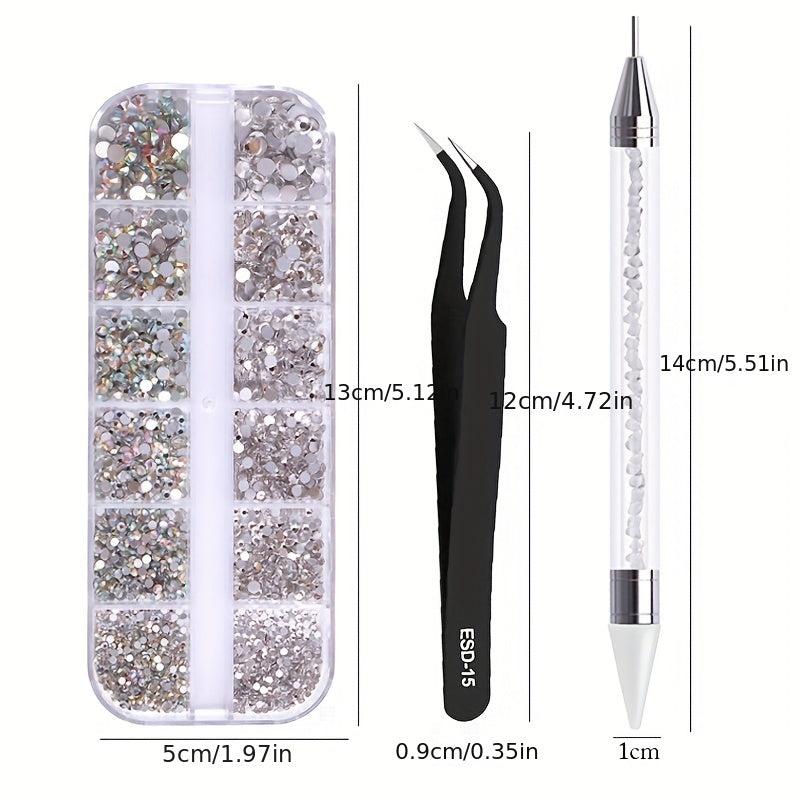 3pcs Crystal AB Flatback Rhinestones Set with Tweezers and Drill Pen