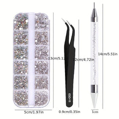 3pcs Crystal AB Flatback Rhinestones Set with Tweezers and Drill Pen