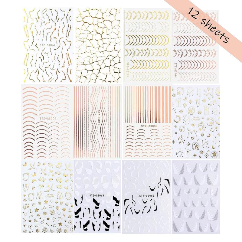 12 Sheets 3D Line Nail Decals Metal Curve Nail Art Supplies
