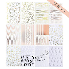 12 Sheets 3D Line Nail Decals Metal Curve Nail Art Supplies