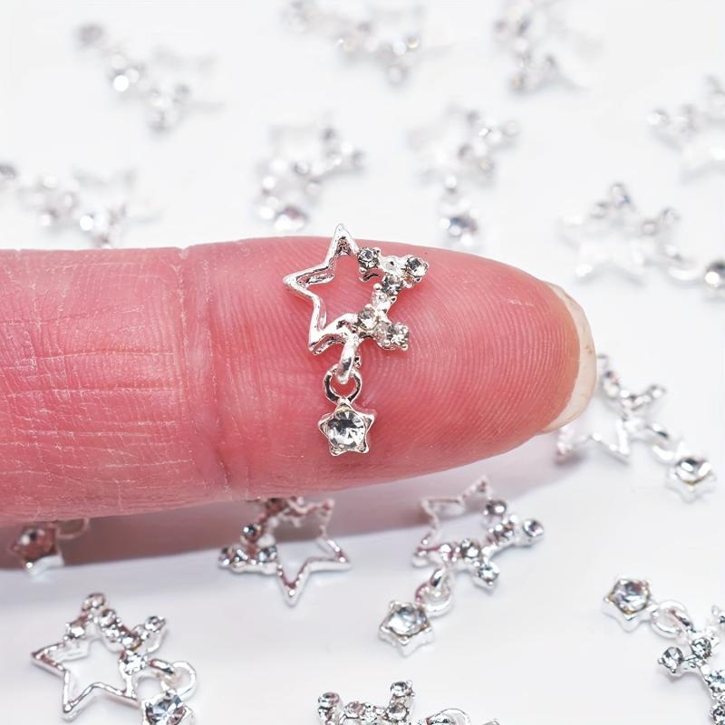 20pcs Silver Star Nail Charms with Rhinestone 3D Alloy Art Jewels for Women DIY