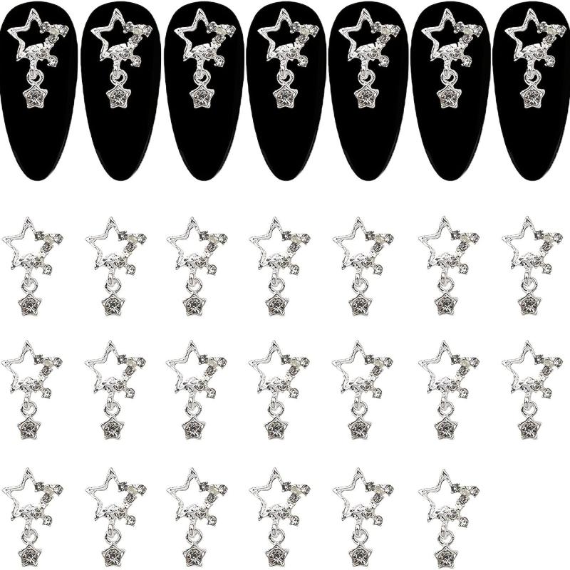20pcs Silver Star Nail Charms with Rhinestone 3D Alloy Art Jewels for Women DIY