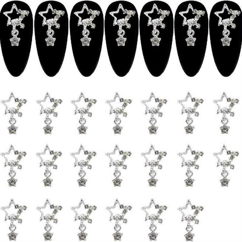 20pcs Silver Star Nail Charms with Rhinestone 3D Alloy Art Jewels for Women DIY