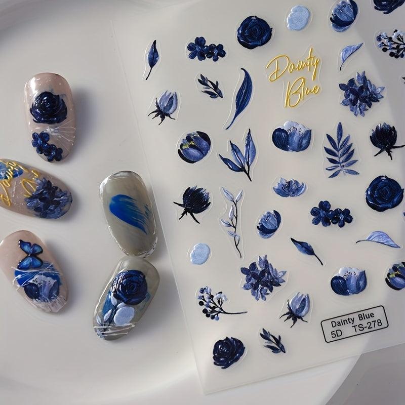 5D Embossed Flower Nail Art Stickers Self Adhesive Decals for DIY or Salons