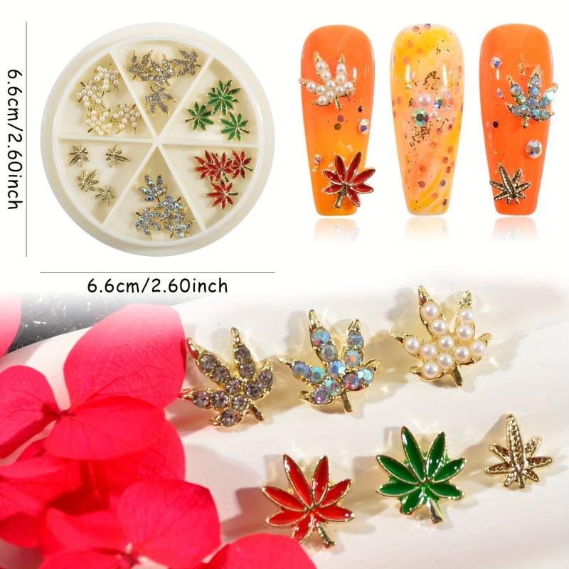 24pcs Box 3D Maple Leaf Nail Charms with Rhinestones for Fall Nail Art