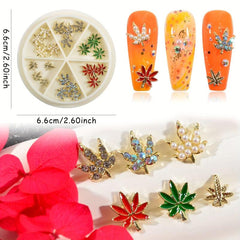 24pcs Box 3D Maple Leaf Nail Charms with Rhinestones for Fall Nail Art