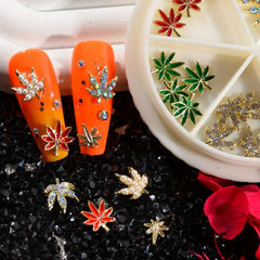 24pcs Box 3D Maple Leaf Nail Charms with Rhinestones for Fall Nail Art