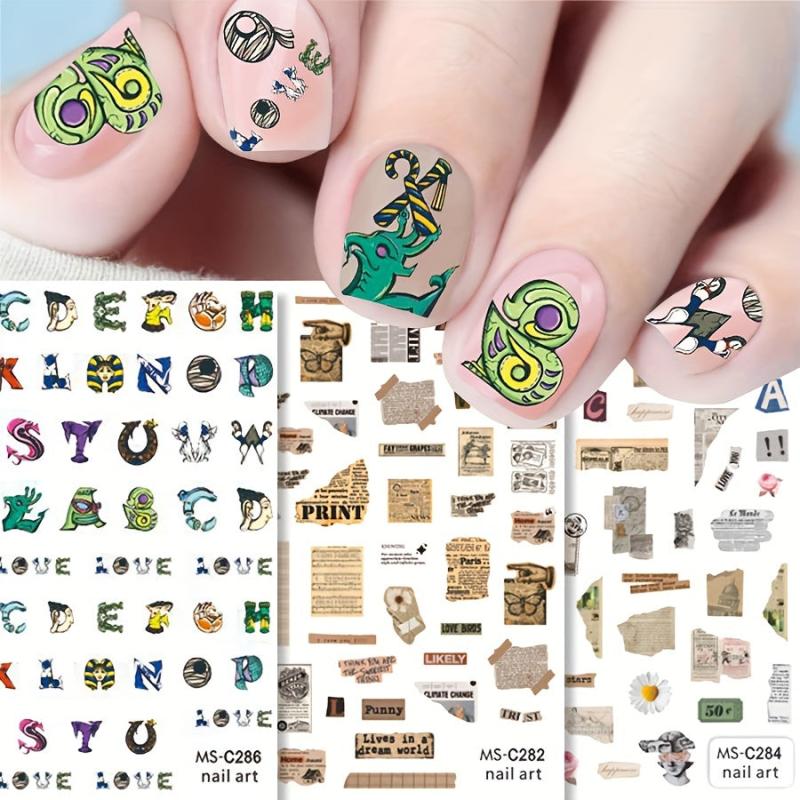 Vintage Letters Flower Nail Art Stickers