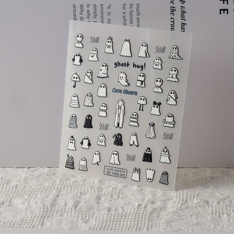 5D Embossed Halloween Nail Art Stickers - Ghost Design - 10 Sheets