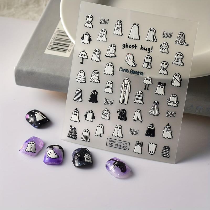 5D Embossed Halloween Nail Art Stickers - Ghost Design - 10 Sheets