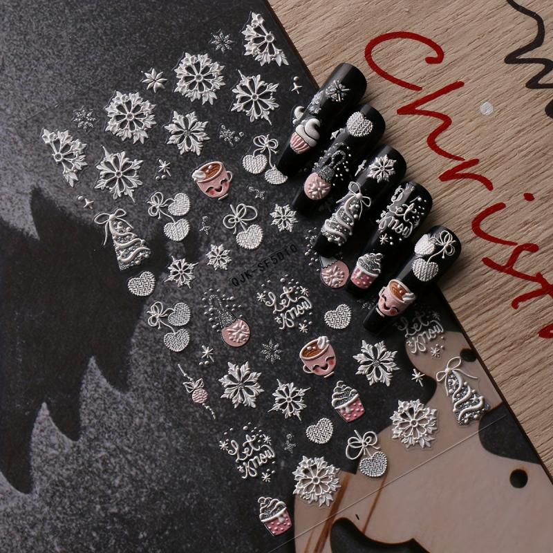 Embossed Glitter Nail Stickers Decals 5D Snowflake Winter Xmas