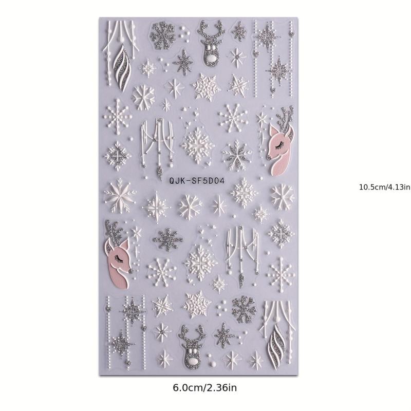 Embossed Glitter Nail Stickers Decals 5D Snowflake Winter Xmas