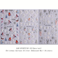 Embossed Glitter Nail Stickers Decals 5D Snowflake Winter Xmas