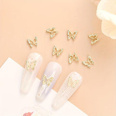 10pcs Rhinestone Golden Butterfly Nail Charms 3D Alloy Nail Gem Accessories