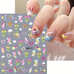 Colorful Flower Hearts 5D Nail Stickers for Girls