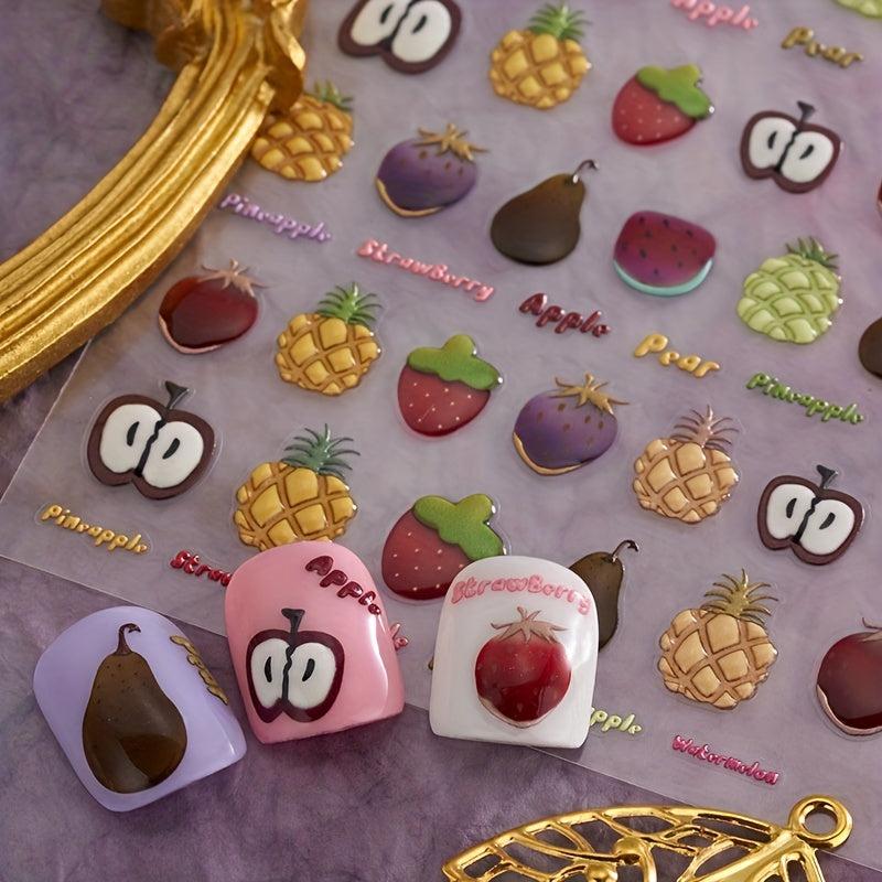 5pcs 5D Embossed Cartoon Nail Art Stickers Fruit Snack Ice Cream Nail Decals