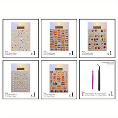 5pcs 5D Embossed Cartoon Nail Art Stickers Fruit Snack Ice Cream Nail Decals