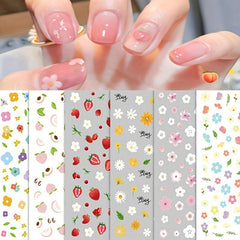 3D Self Adhesive Nail Stickers Summer Daisy Flowers Peach Strawberry DIY Art